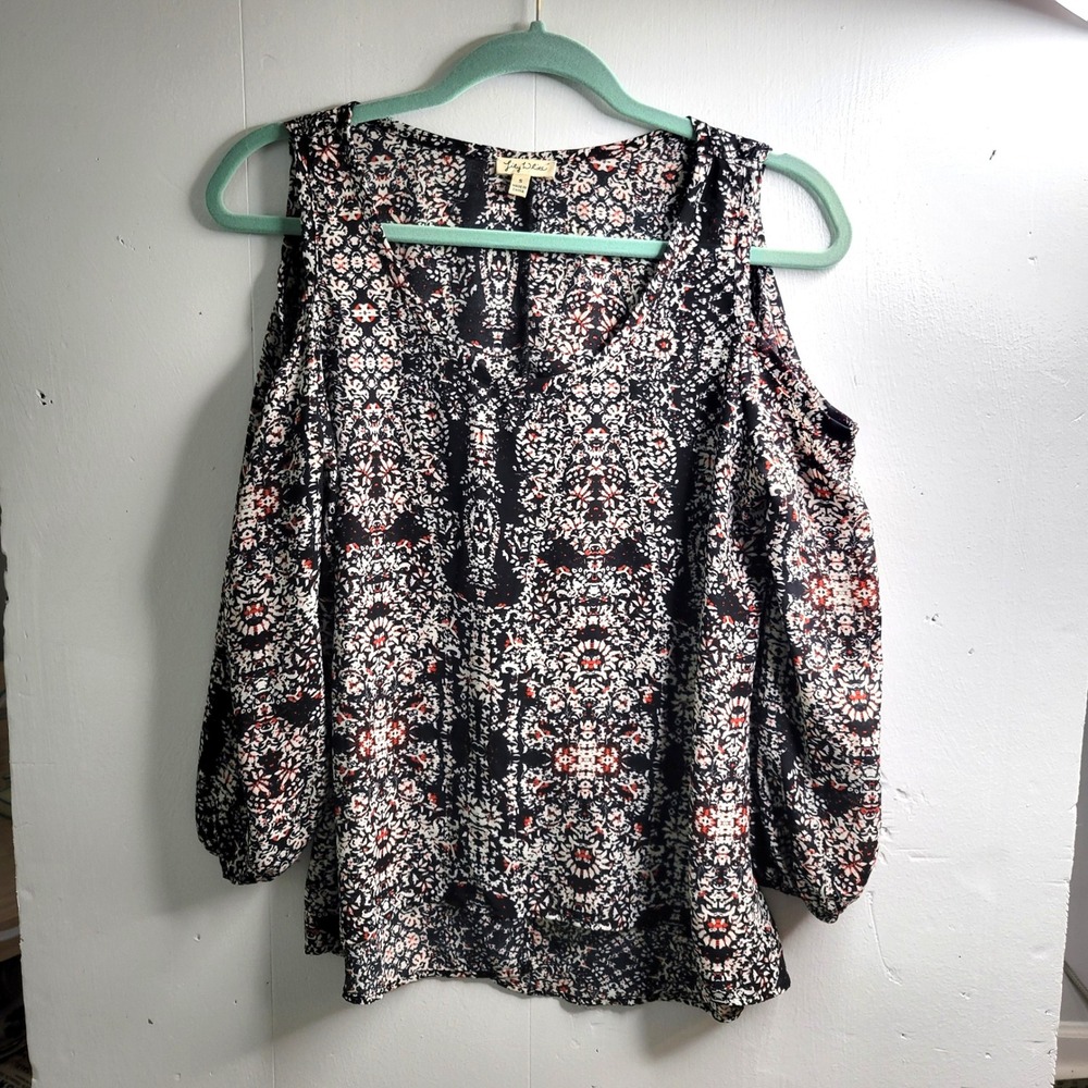 Lily White Cold Shoulder Blouse Womens Small Black Orange Damask Print Flowy